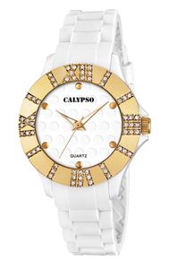 Calypso Armbanduhr Damenuhr Analoguhr 5 ATM mit Zirkonia K5649, Farbe:weiß/gelbgold