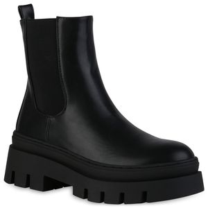 VAN HILL Damen Plateau Boots Stiefeletten Blockabsatz Stiefel Profil-Sohle Schuhe 839451, Farbe: Schwarz, Größe: 37