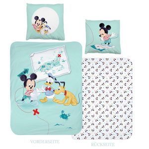 Mickey Mouse Bettwäsche, 135x200 + 80x80 cm 2 tlg., 100 % Baumwolle in Renforcé, Disney's Mickey Mouse, Pluto & Donald Duck auf Schatzsuche Bettwäsche-Set für Kinder in mint