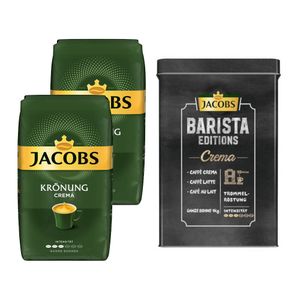 JACOBS Kaffeebohnen Krönung Crema 2 x 1 kg ganze Kaffee Bohnen + 1 Aluminium Dose Barista Design