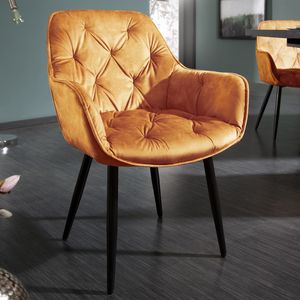 riess-ambiente Design Stuhl MILANO senfgelb Samt mit Armlehne Ziersteppung gepolstert schwarze Metallbeine Esszimmerstuhl Konferenzstuhl