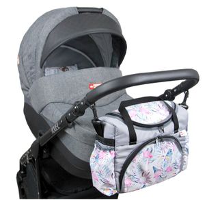 BabyLux Wickeltasche Kinderwagentasche Pflegetasche S3 68. Grau + Flamingo