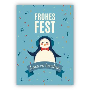 4x Coole Party Weihnachtskarte mit DJ Pinguin: Frohes Fest Lass es krachen