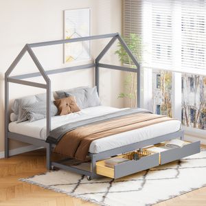 Fortuna Lai dětská postel 90/180 x 190 cm, rozkládací pohovka, rozkládací rám postele z masivního dřeva s roštem a zásuvkami, postel z borovicového dřeva s úložným prostorem jednolůžko postel pro hosty, šedá barva