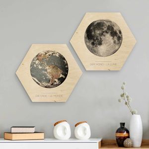 Hexagon Bild Holz 2-teilig - Mond und Erde, Größe HxB:2x 30x35cm