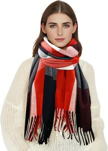 ALSTER HERZ® Karierter Damen Schal mit Fransen, im Oversize Look, A0320 Rot-Blau