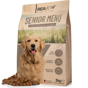 REAVET Hundefutter Trocken - Senior Menü mit Geflügel 3kg, Kalorienarm, Trockenfutter für ältere Hunde & Senioren, Hundetrockenfutter, Hoher Fleischanteil, für Hunde Aller Rassen