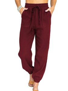Damen Schlafhosen Kordelstring Hosen Pyjama Nachtwäsche Hose Einfarbige Pyjamahose Weinrot,Größe XXL