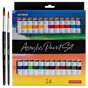 int!rend Acrylfarben Set - 24x Acrylfarbe je 12 ml + 2 Pinsel - Acryl Farbe für Holz, Leinwand, Ton, Steine & Gips - Acrylic Paint für Modellbau Farben und zum Basteln