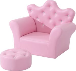 HOMCOM Kindersofa mit Ottomane Kindersessel Prinzessinnen Sofa Kindercouch in Kronenform Softsofa mit Kristallknöpfen ab 3 Jahren Hocker Rosa 58 x 40,5 x 49 cm