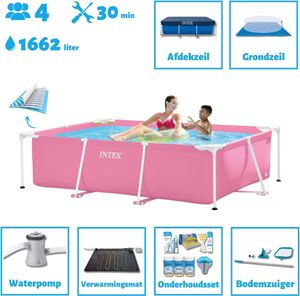 Intex-Schwimmbecken mit rechteckigem Rahmen – 220 x 150 x 60 cm – Rosa – im Lieferumfang enthalten Abdeckung - Bodenplane - Filterpumpe für Schwimmbad - Solarmatte - Wartungspaket - Reinigungskit