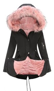 ASKSA Damen Winterparka Lang Wintermantel mit Kapuze Fleecejacke Mode Outdoorjacke Oversized Mantel, Schwarzrosa, 3XL