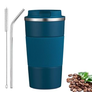 Thermobecher, 13oz Rutschfest Edelstahl Travel Mug mit Strohhalm und Nylonborsten Bürste, Auslaufsicher Reisebecher mit Deckel Kaffee-to-go Becher, blau, 3, 380 ml