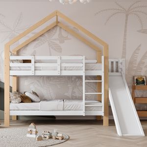 Merax poschodová posteľ 90x200 cm s ochranou proti vypadnutiu a lamelovým roštom, detská posteľ so šmýkačkou a rebríkom, podkrovná posteľ z masívneho dreva, poschodová posteľ, biela