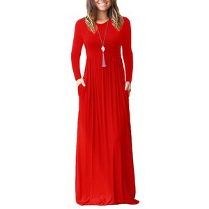 Maxikleider Damen Slim Langarm Kleid Baumwoll Freizeitkleid Mit Taschen Rundhals Kleid Rot,Größe S