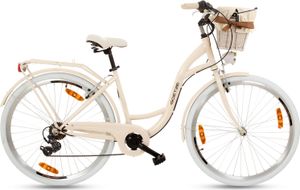 Goetze Citybike Mood 28 Zoll, 7-Gang Shimano, Tiefeinstieg, Damenfahrrad inkl. Rattan-Korb