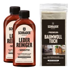 SCHRADER Lederreinigung Set - Reiniger und Poliertuch - für alle Lederarten - Ledermöbel & Lederkleidung - farbneutral - 3-teilig -  Germany
