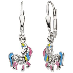 JOBO Kinder Ohrhänger Einhorn 925 Silber 14 Zirkonia Ohrringe Kinderohrringe