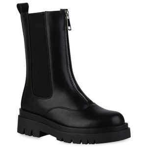 VAN HILL Damen Klassische Stiefel Blockabsatz Zipper Profil-Sohle Schuhe 839432, Farbe: Schwarz, Größe: 37