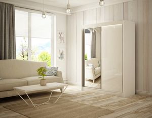Kleiderschrank Venus 120 cm inklusive 2 Schiebetüren mit Spiegel Lieferung bis in die Wohnung Kleiderstange Garderobe Schrank (Farbe: weiß, lacobel weiß)