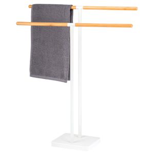 eluno Stand-Handtuchhalter freistehend, 2 Stangen, Handtuchständer, Bambus/Metall, weiß
