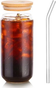 Glasbecher, 16oz Trinkglas mit Bambus Deckel und Strohhalm, Bierglas Tumbler für Mojito Soda Smoothies Whiskey Eiskaffee Cocktail Tee Saft