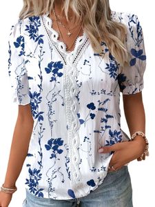 Damen Blusen Kurzarm Oberteile Blumen Tunika V-Ausschnitt Tshirt Lässig Longshirt  Weiß,Größe M