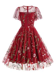Damen Sommerkleider Spitze Stickerei Kleider Freizeitkleider Elegant Abendkleider Rot,Größe XXL