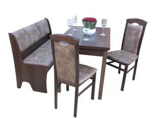 Tischgruppe 4-tlg. bestehend aus Truhensitzbank, Auszugtisch und 2 Stühlen, nußbaumfarbig dunkel, Bezug camelfarben