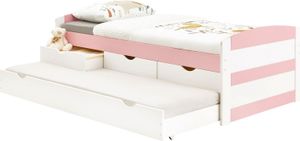Bett mit Stauraum JESSY aus massiver Kiefer weiß/rosa, schönes Jugendbett mit 3 Schubladen, praktisches Funktionsbett mit Auszugbett, gemütliches Bett in 90 x 190 cm