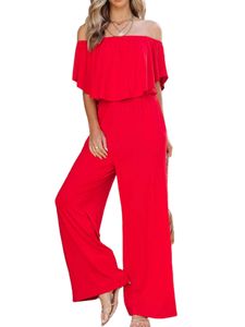 Damen Schulterfreies Fashion Elegantes Off Shoulder Overall Lässige Hose  Weitem Bein Rot,Größe S