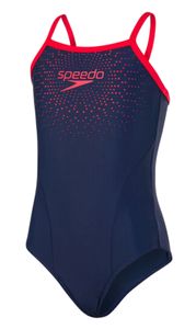 Speedo Mädchen Badeanzug Schwimmanzug Gala Logo Thinstrap Muscleback blau rot, Größe:176