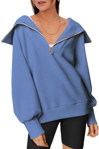 ASKSA Dámský zimní svetr se zipovým límcem Mikina nadměrné velikosti, modrá, XL
