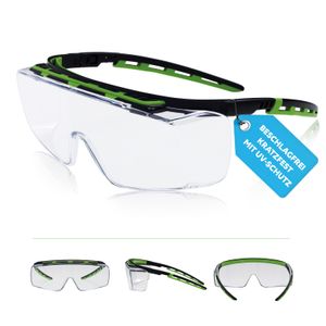 PRO FIT Schutzbrille – Arbeitsschutzbrille mit großer & klarer Scheibe, für Brillenträger, Kratzfest & Beschlagfrei, UV-Schutz - Schwarz/Grün