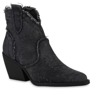 VAN HILL Damen Cowboy Boots Stiefeletten Denim Fransen Stickereien Schuhe 840976, Farbe: Schwarz Denim, Größe: 37