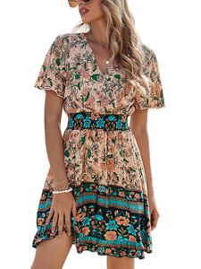 Damen A-Linie Kleid V-Ausschnitt Sommer Spitzenrock,Farbe: Aprikose,Größe:M