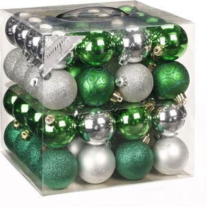 64x Kunststoff Christbaumkugeln Ø 6cm Kugel Box Glanz Glitzer Matt Dekor Inge inkl. Aufhänger, Farbe:Grün-Silber