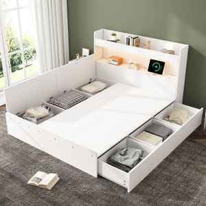 Flieks Doppelbett Jugendbett 140x200cm mit Ladefunktion (Steckdose & USB), Klassisches Bett Holzbett Stauraumbett mit Schubladen und LED, Weiß Flieks Doppelbett Jugendbett 140x200cm mit Ladefunktion (Steckdose & USB), Klassisches Bett Holzbett Stauraumbett mit Schubladen und LED, Weiß