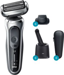Holicí strojek Braun Series 7 70-S7200CC Black, Silver BRAUN Barva výrobku: Černá, Stříbrná, Napájení: Baterie, Holicí systém: Holicí strojek, Zastřihovač: Ano, Počet břitů/holících hlav: 3, Omyvatelný: Ano