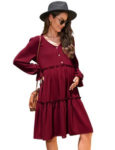 Acekool Umstandskleid V-Ausschnitt Stillkleid Langarm Schwangerschaftskleid, Rot, M