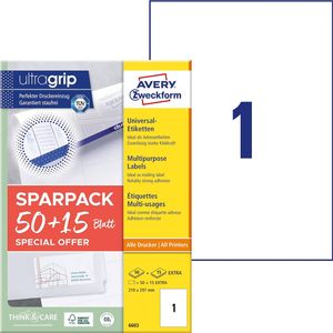 Avery Zweckform 6603 Universal-Etiketten, A4 mit ultragrip, 210 x 297 mm, 65 Bogen/65 Etiketten, weiß