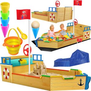 KIDIZ® Sandkasten Ahoi - Piratenschiff Boot Segelschiff aus Holz Inkl. Abdeckung, Bodenplane, Sitzbank, Flaggenmast, Sandspielzeug  | Große Kinder Sandkiste für den Garten | Outdoor Sandbox