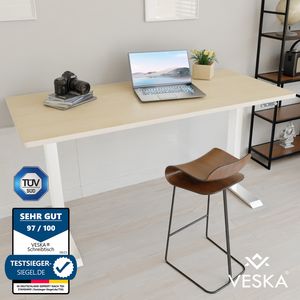 Výškově nastavitelný stůl (140 x 70 cm) - Sit & Stand Desk - Kancelářský stůl s elektrickým nastavením výšky, dotykovou obrazovkou a ocelovými nohami - bílý/bambusový