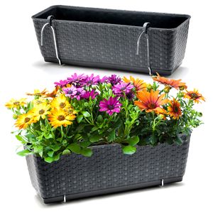 Blumenkästen für Balkon-Geländer - Rattan-Optik - Anthrazit - mit Halterung  --  Maße und Menge wählbar : 50 cm : 2 Stück