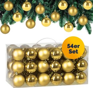 CASARIA® Weihnachtskugeln 54-tlg Ø 6cm Kunststoff matt glänzend Christbaumschmuck Anhänger Christbaumkugeln Weihnachtsdeko Weihnachtsbaum, Farbe:gold