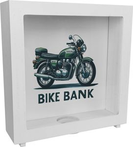 Retro Touring Motorrad Rahmen Spardose aus Holz mit Spruch Bike Bank