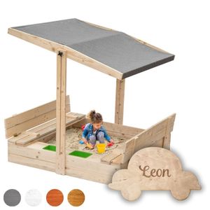 Flumi Sandkasten mit Abdeckung Sitzbänken und Sonnendach 120x120 cm Wahl der Imprägnierfarbe Kinder Sandbox mit KINDERNAME Made in EU (graues Vordach)