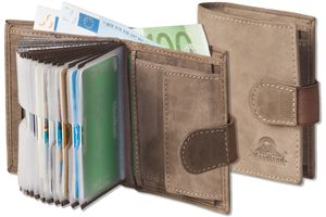 Woodland® Super-Kompakte Geldbörse mit XXL-Kreditkartentaschen für 18 Karten aus naturbelassenem Büffelleder in Dunkelbraun/Taupe