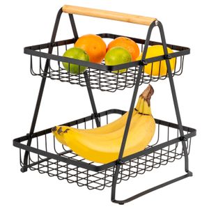 eluno 2-stöckige Etagere, Obstschale, Obstkorb aus Bambus und schwarzem Metall