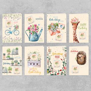 GreenLine Geburtstagskarten mit echten Blumensamen, 8 Stück | 100% baumfreies Zuckerrohrpapier | Klappkarte Blanko inkl. Umschlag | Glückwunschkarten, Blumensamen Geschenk